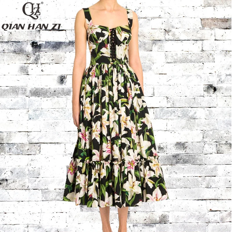 Qian Han Zi Designer Fashion summer dress 2020 Women's Sexy Spaghetti Strap lily Print vintage Slim Party Midi Dress