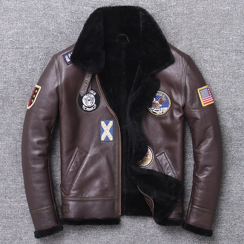 

New Factory 2021 Men Brown Shearling Genuine Leather Jacket Fashion Multi-labeling Sheepskin Wool Liner Winter Russia Coats