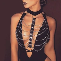 punk layered body chain black belt leather chest chain shoulder bra harness choker chain body jewelry accessories for women