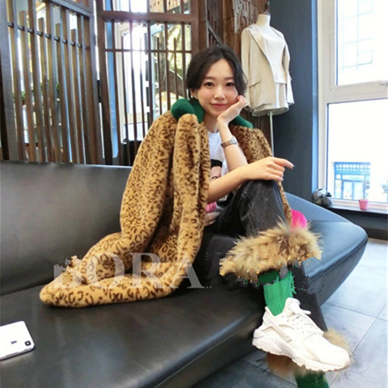 

2020New Patchwork Contrast Faux Rabbit Fur Collar Loose Plus Size Oversized Long Jacket Warm Thick Leopard Coat Windbreaker Top