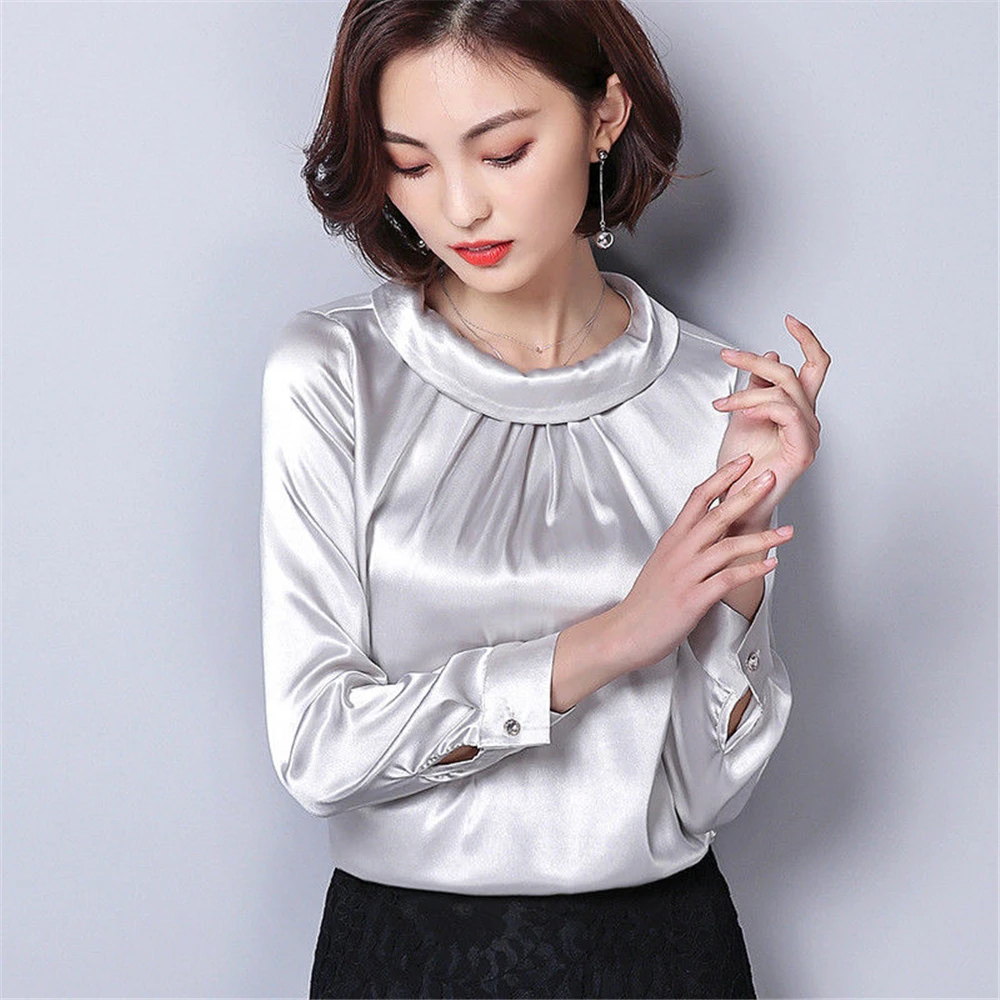 Женская атласная рубашка винтажная Деловая блузка из искусственного шелка с