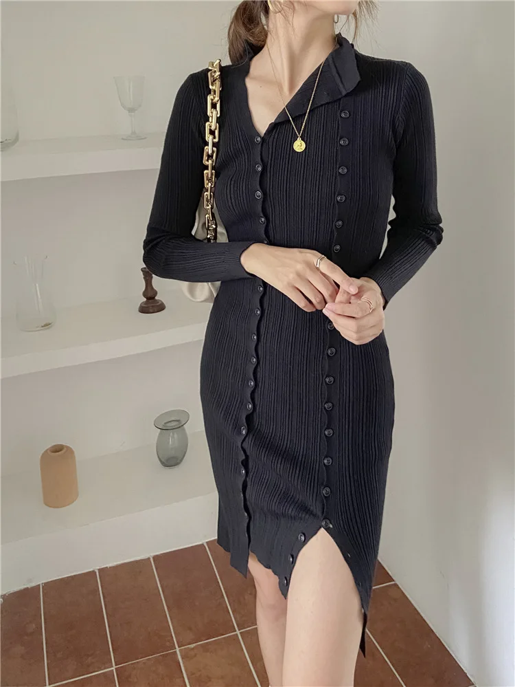 

Женское трикотажное платье, длинное и Короткое облегающее привлекательное однотонное двубортное платье с длинным рукавом, осень-весна 2022