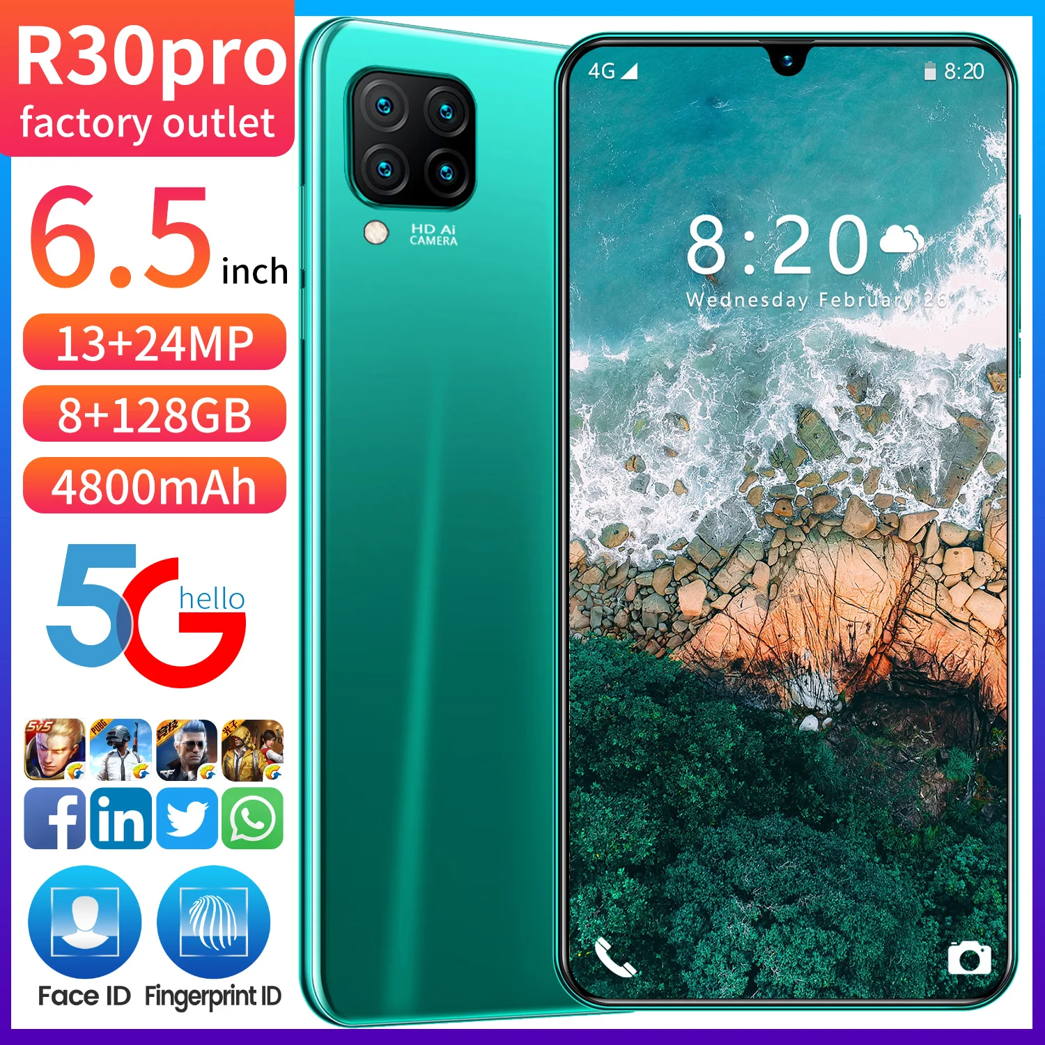

Smartphone R30 Pro Global Version Cost-effective 8G 512GB 6.5-inch 4800MAh HD Water Drop Screen Android Ttelefone Inteligente 5G