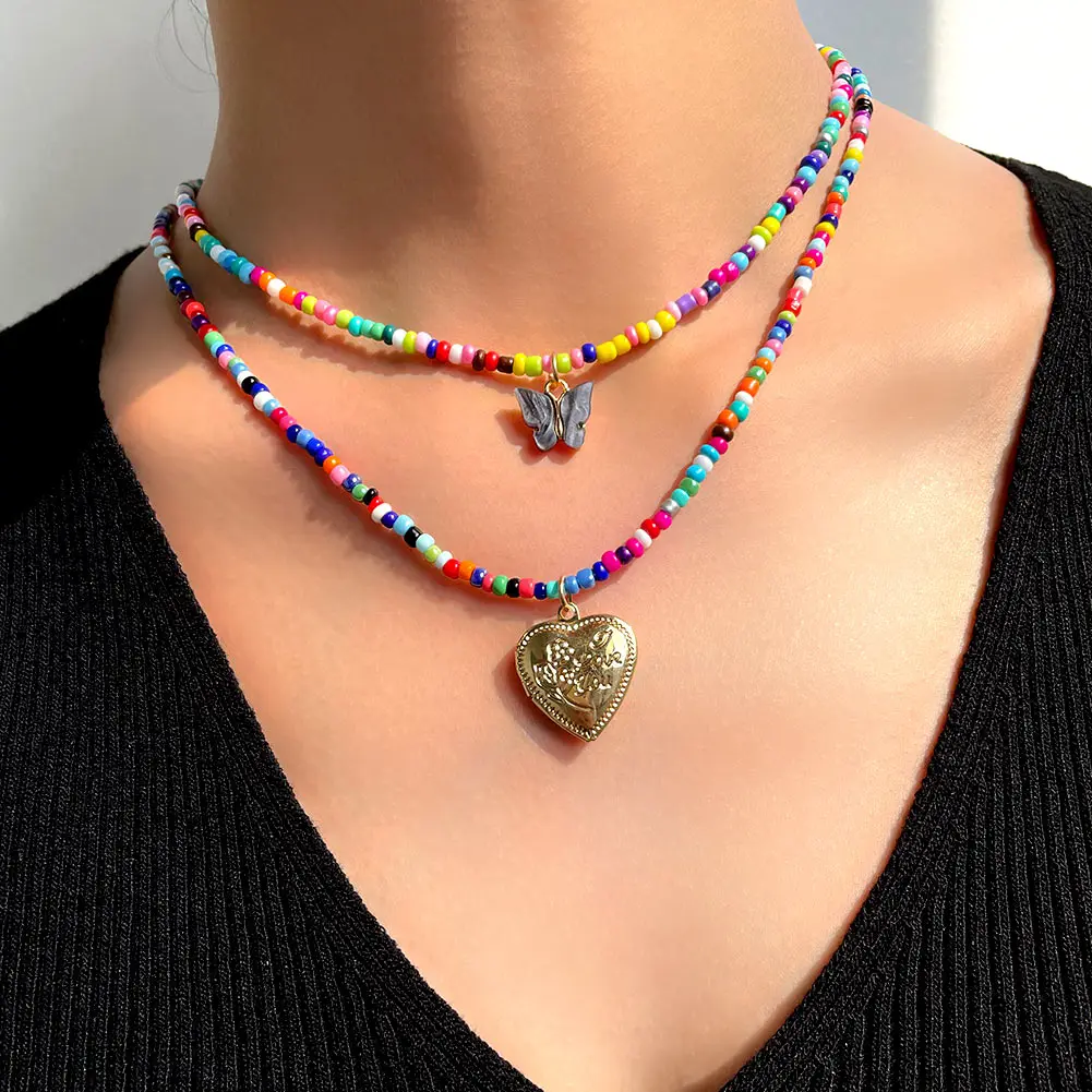 

Gold Color Big Heart Sliver Butterfly Pendant Beaded Necklace For Women Mix Colored Bead Strand Charm Necklaces Bohemian Jewelry