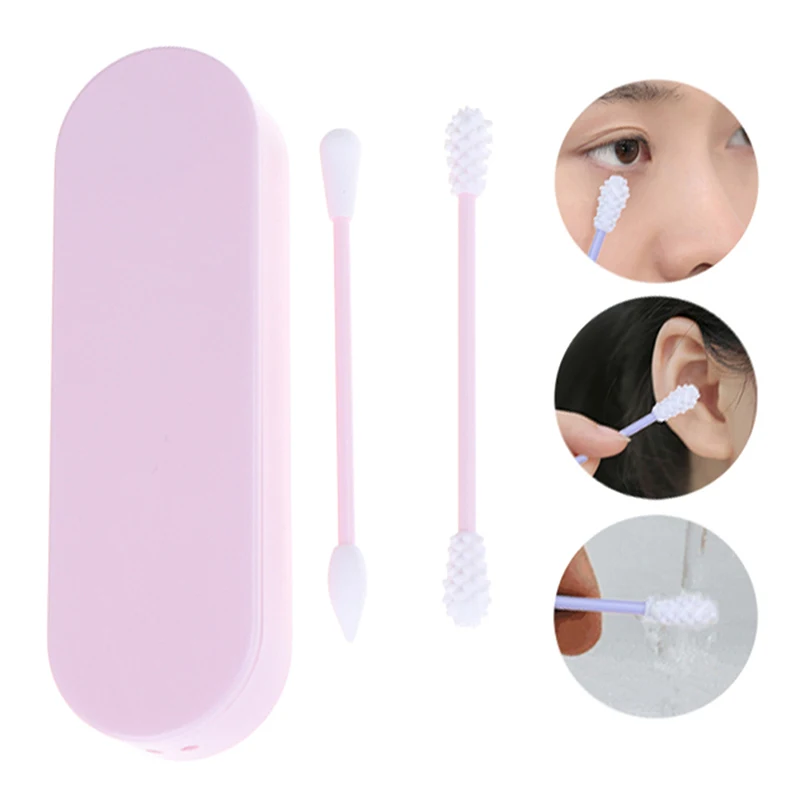 

2Pcs Double Head Ended Clean Cotton Swabs Reusable Cosmetic Cotton Swab Ear Clean Set Includes Storage Box