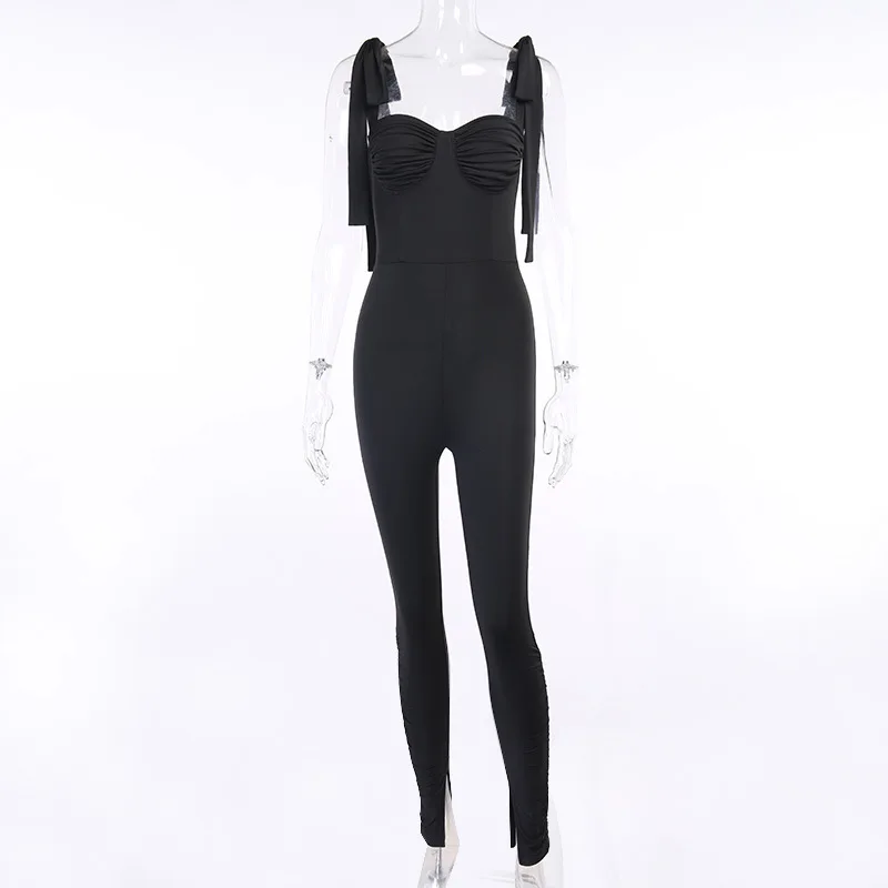 

Hot Sale 2020 New Arrivals Women Winter Style Sexy Fashion Strap Pleated Black Solid Sexy Night Club Jumpsuits