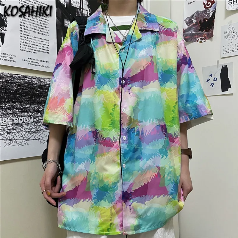 

KOSAHIKI рубашка Для женщин Harajuku «вареный» блуза женский все-матч прохладно негабаритных отложной воротник, летний клетчатый Blusas в уличном сти...