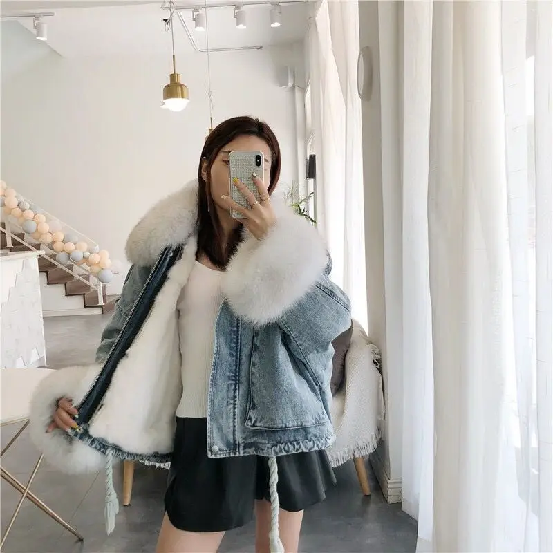 

NEW 2019 winter velvet thick denim jacket female big fur collar Korean locomotive lamb coat female student short coat XXXL 4XL