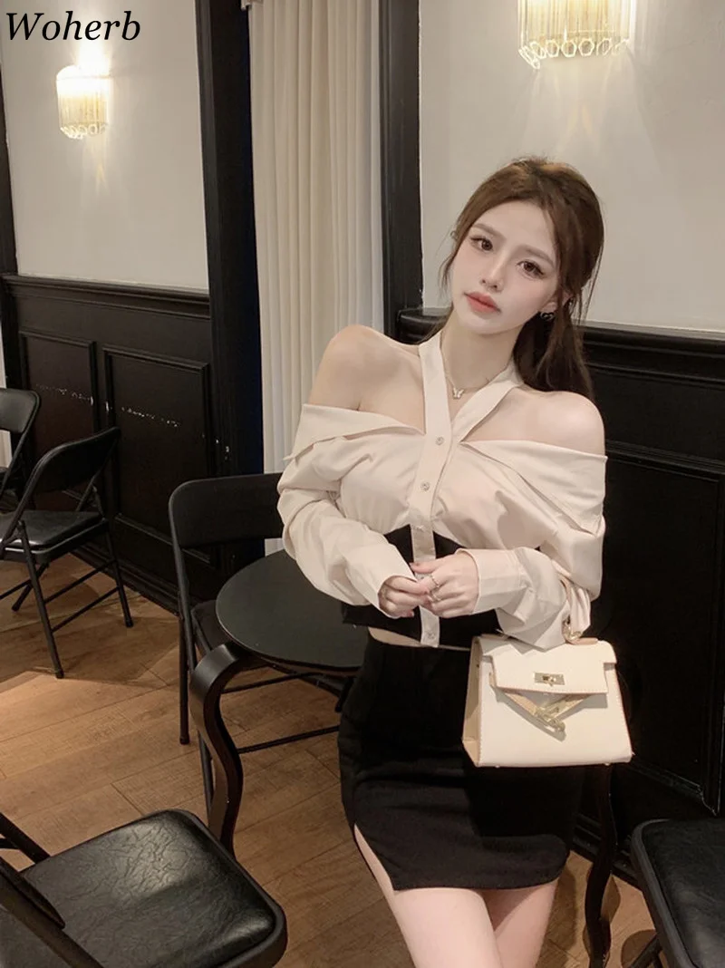 Woherb темпераментные женские рубашки сексуальные блузки с воротником-лодочкой и