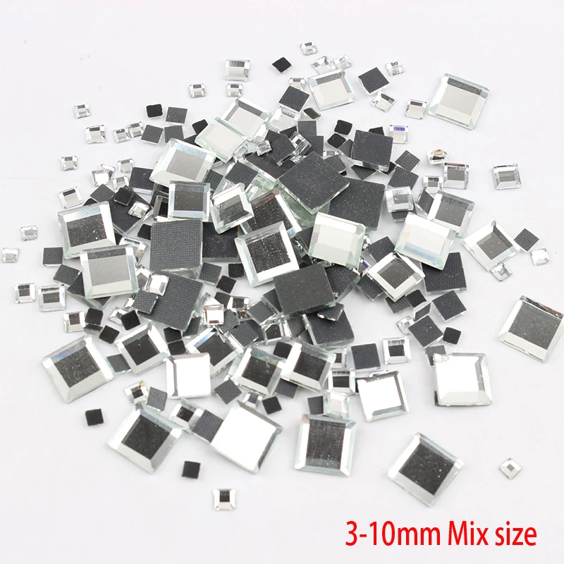 

3-10mm mix size 650pcs Mirror Square Crystals Glass Hot Fix Rhinestones DMC HotFix Strass Stones for Clothes Wedding Dress