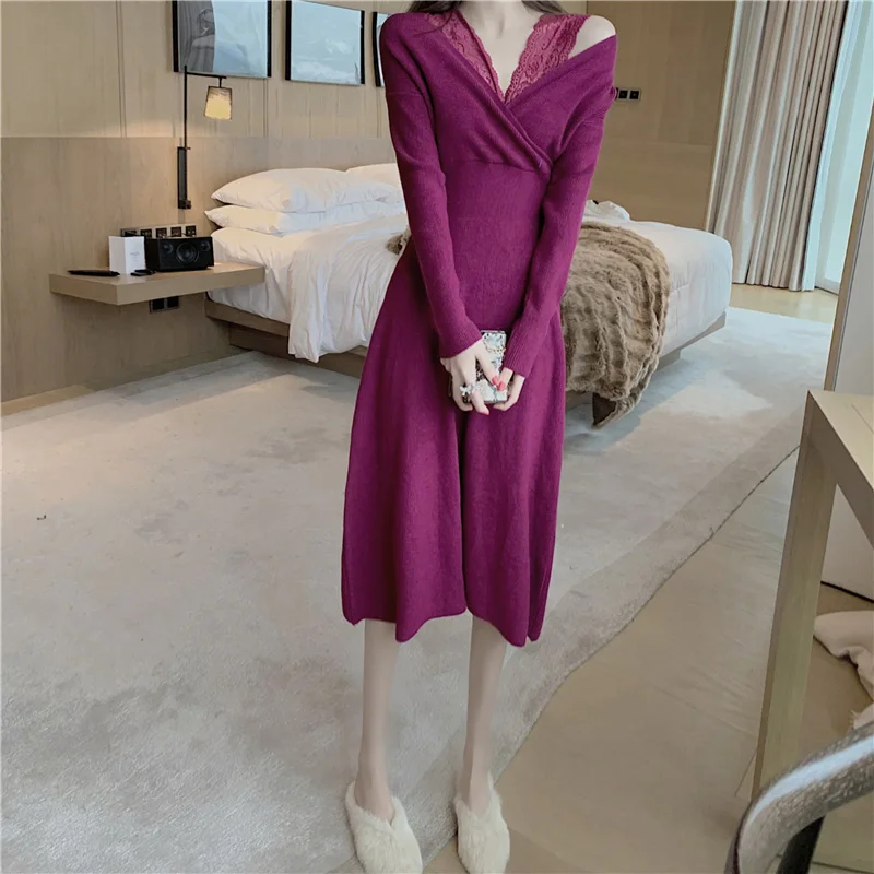 

One-Piece V Neck Sweater Dress Elegant Autumn Winter Women Knitted Dress Woman Fashion A-Line Beige Knit Midi Dresses Lady 2020