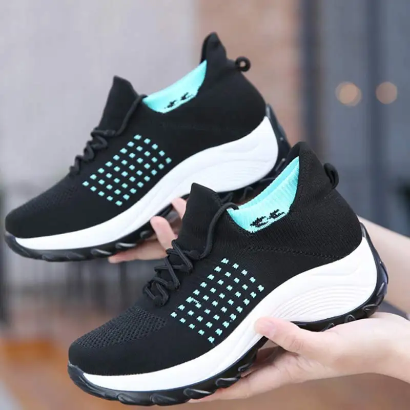 

Lace-up mesh breathable patchwork sock shoes women sneakers 2022 vulcanized platform sneakers woman shoes wedge female shoe