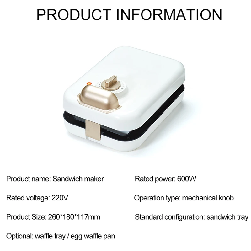 

220V Electric Sandwich Maker Waffle Machine Multi-baker Breakfast Machine Non-stick Portable Toast Bread Baking Pan