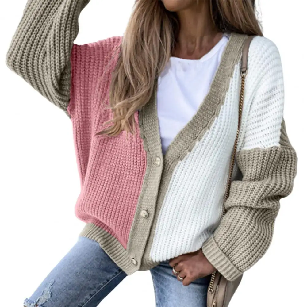 

Long Sleeve Single-Breasted Sweater Cardigan Women Loose Color Block Patchwork V-Neck Women Cardigan Coat Ladies Clothes