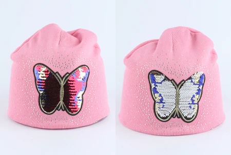 butterfly dark pink Зимняя шапка для маленьких девочек, зимняя шапка с рисунком медведя, забавная шапка с пайетками, двухслойная теплая вязаная шапка со стразами, шапочки - Цвет: butterfly dark pink