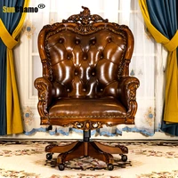 luxury european carved leather swivel chair study office desk chair american solid wood boss armchair can be raised lowered