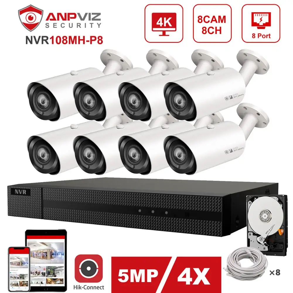 Hikvision OEM 8CH 4K NVR 4/6/8pcs 5MP 4X IP Camera POE Security System Kit Audio Indoor/Outdoor Plug & Play HDD опционально|Система
