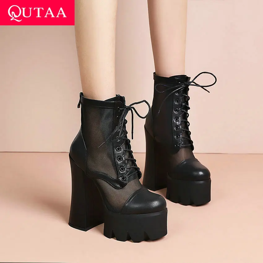 

QUTAA 2021 Platform Genuine Leather Mesh Patchwork Female Shoes New Spring Lace Up Zipper Square High Heel Ankle Boots Size34-43
