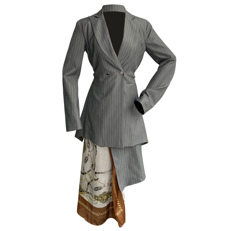 Deat New Autumn And Winter Lapel Long Sleeve Gray Striped Pattern Printed Loose Jacket+skirts Print Set JT077