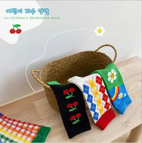 

1-8Year 4 Pairs Spring and summer striped rainbow plaid kids children's tube socks