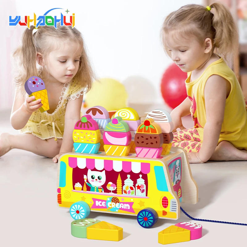 Children'S Educational Wooden Toys Kids Drag Ice Cream Cart Draw Rope Traction Game Pretend Play BaBy Game Toys