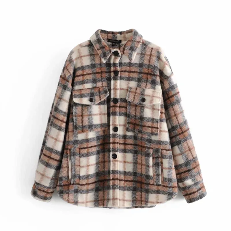 

England Style Chic Pockets Plaid Woolen Jacket Women Fashion Turn-down Collar Coat Female Casual Streetwear