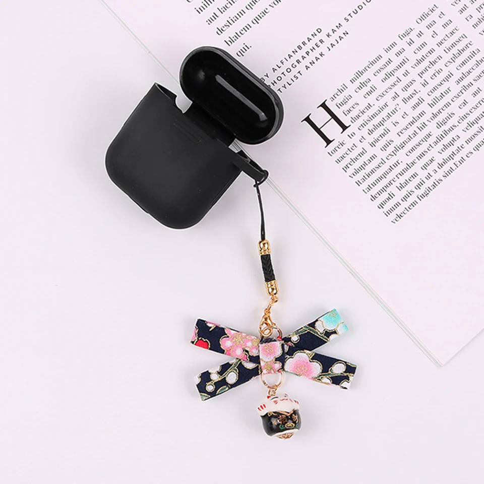 

Cute Good Lucky Cat Silicone Cover for Apple Airpods 1 2 Case Bluetooth Earphone Box Japanese Cherry Flower Bowknot Pendant Gift