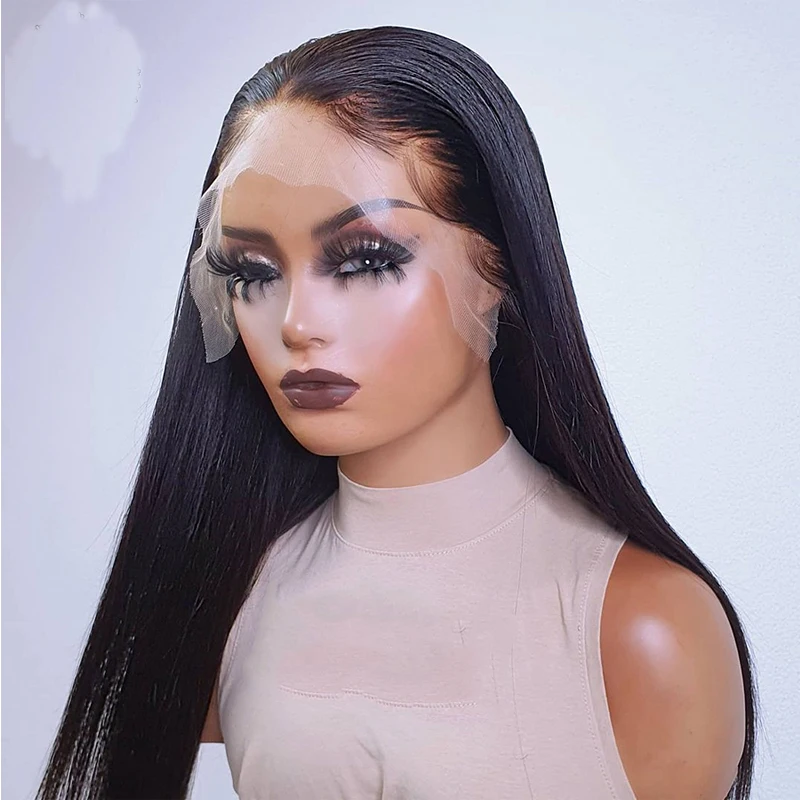 Натуральные волосы черный цвет синтетический парик на шнуровке спереди прямые
