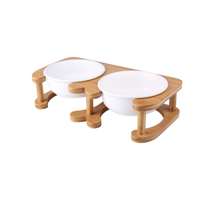 

New Ceramics Puppy Cat Dog Pet Single and Double Food Bowl for Eating and Drinking with Wooden Frame Pets Supplies Feeding Dish