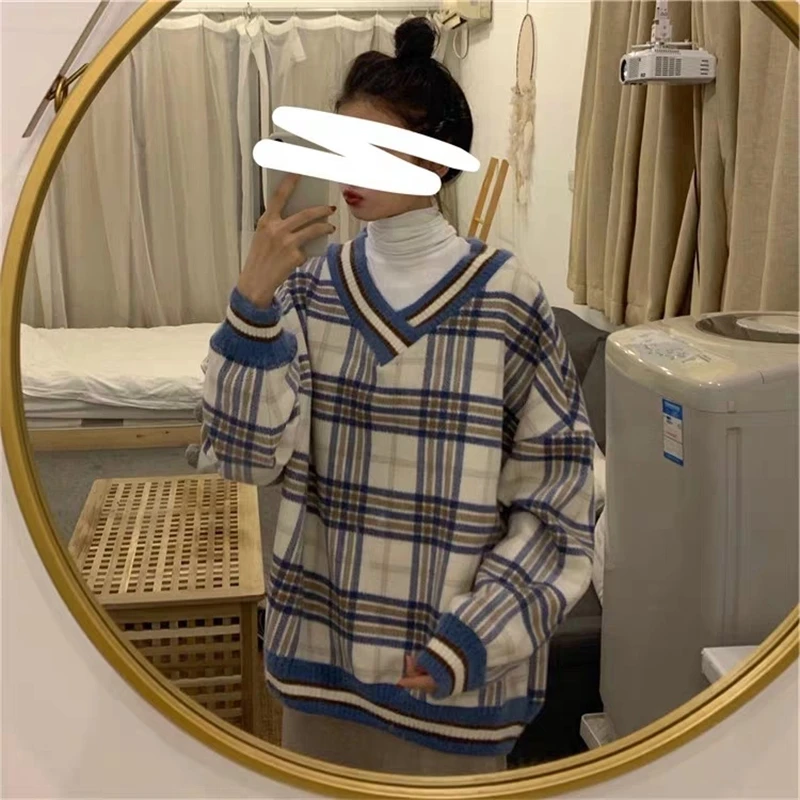 

Plaid Autumn V- Womens Sweatshirts Oversize Long Sleeve Female Pullovers 2021 Winter New Korean Casual Loose Lady Sweatshirt