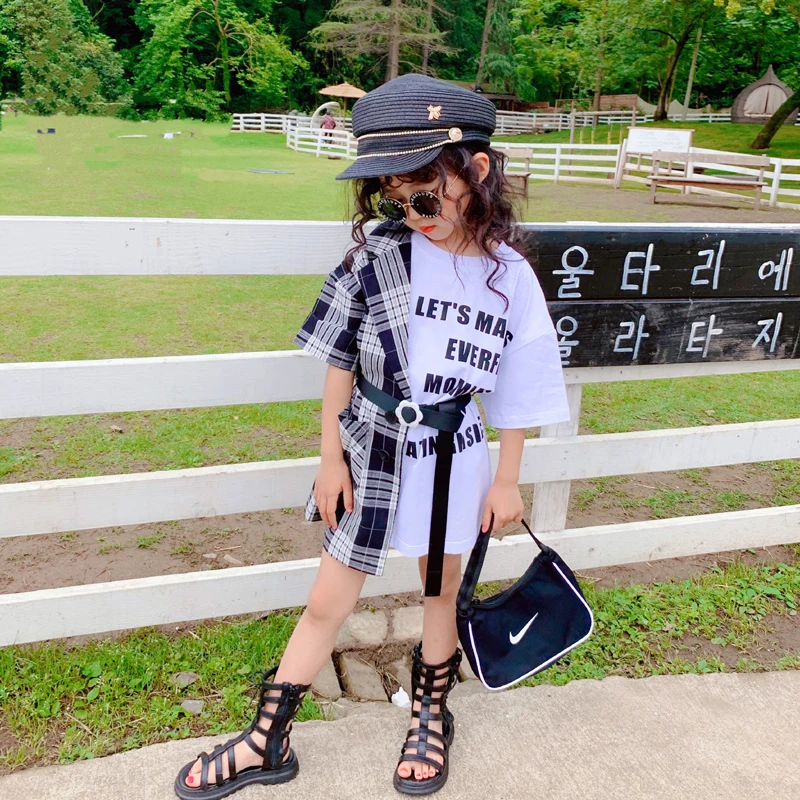 

2020 summer children's dress Korean irregular personality Plaid splicing suit shirt letter T-shirt dress