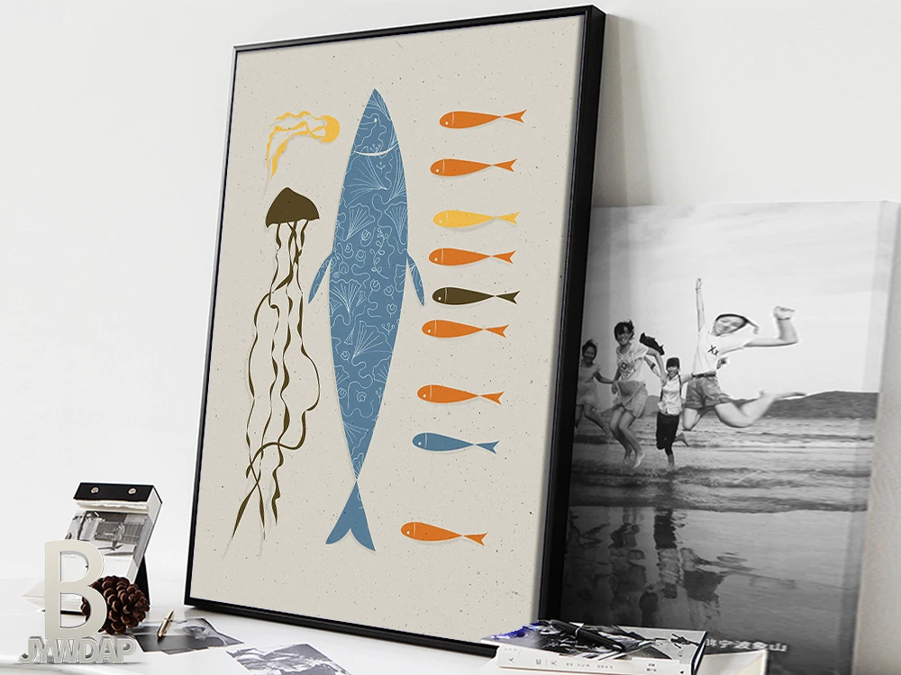 Морское искусство на стене плакат с рыбками и темно-синий морской художественный