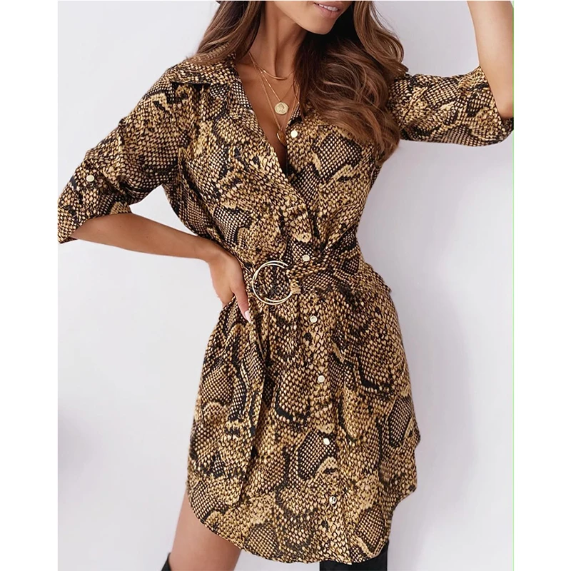 

Snake Print Slim Waist Shirt Dress Women 2021 Spring Autumn Turn Down Collar Long Sleeve Vintage Ladies Bodycon Vestido SJ8615R