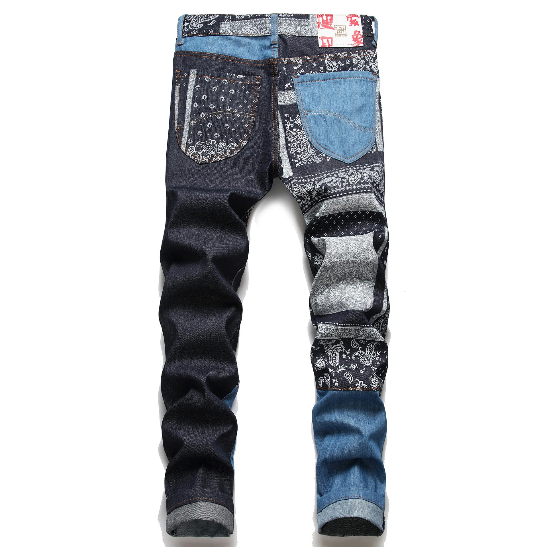 New Western Style Men's Blue Stitching Color Matching Jeans Casual Slim Straight Printing High Street Fashion Brand Jeans