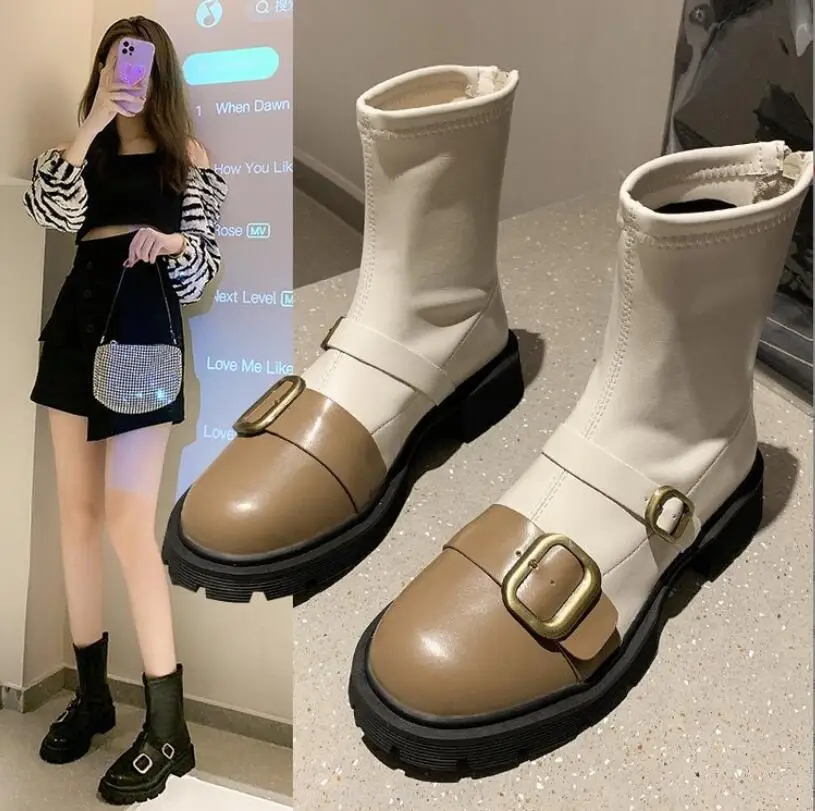 

Women's Stretch Boots Ankle Boots 2021 New Spring Autumn Fashion Back Zipper Thick Bottom Short boots thick heel belt buckle