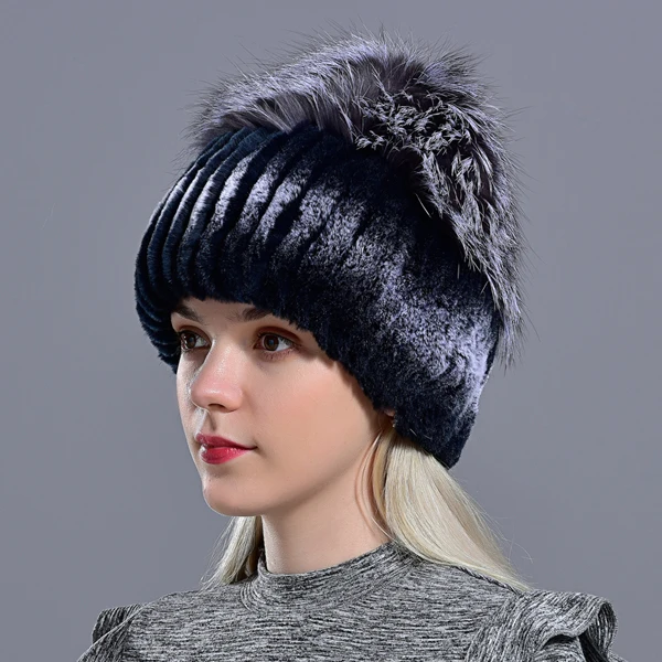 winter women hats fox rabbit fur pompom skullies beanies warm elastic fashionable fluffy thick outdoor stylish natural fur hats - Цвет: Color 01