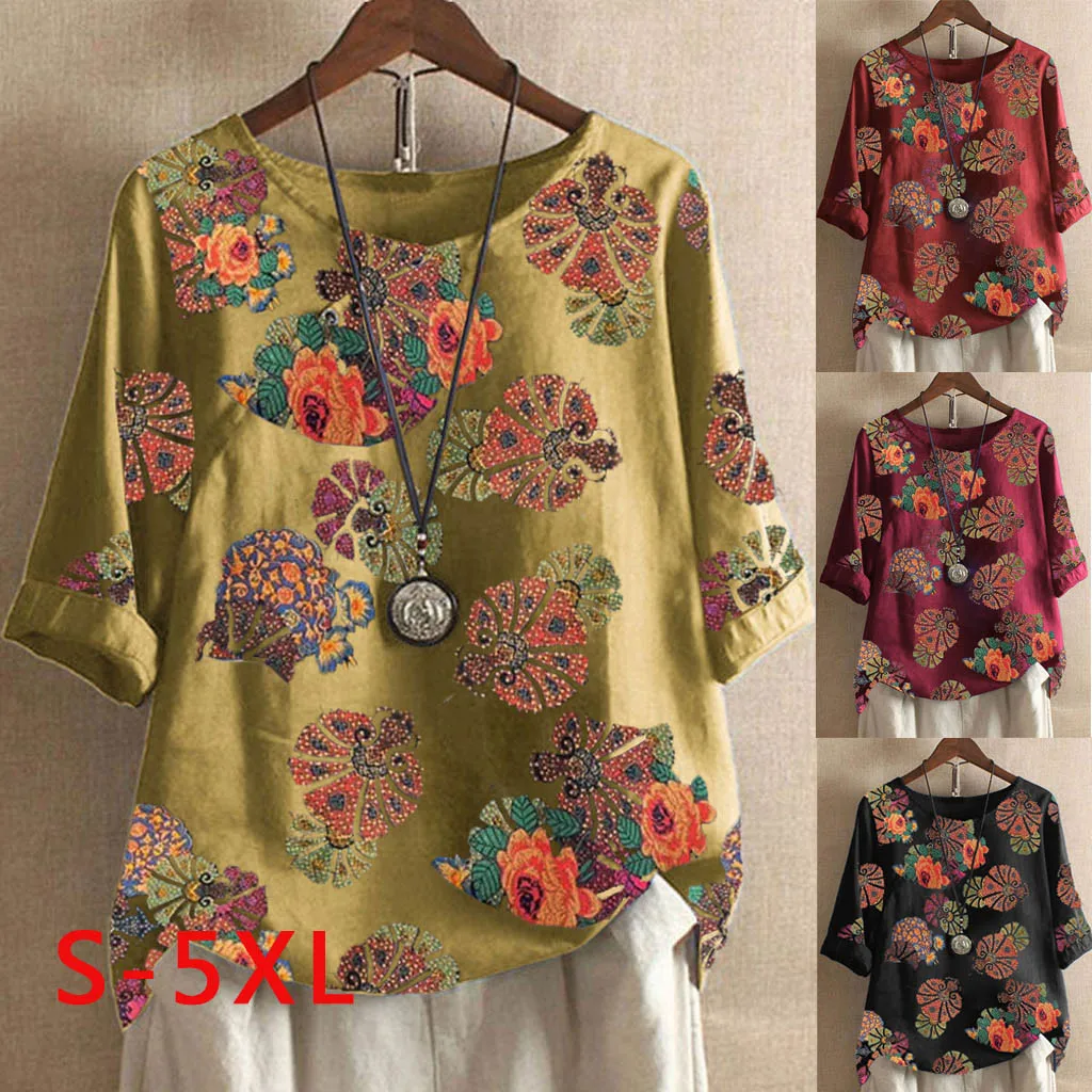 2020 Женские футболки из хлопка и льна с короткими рукавами принтом круглым О