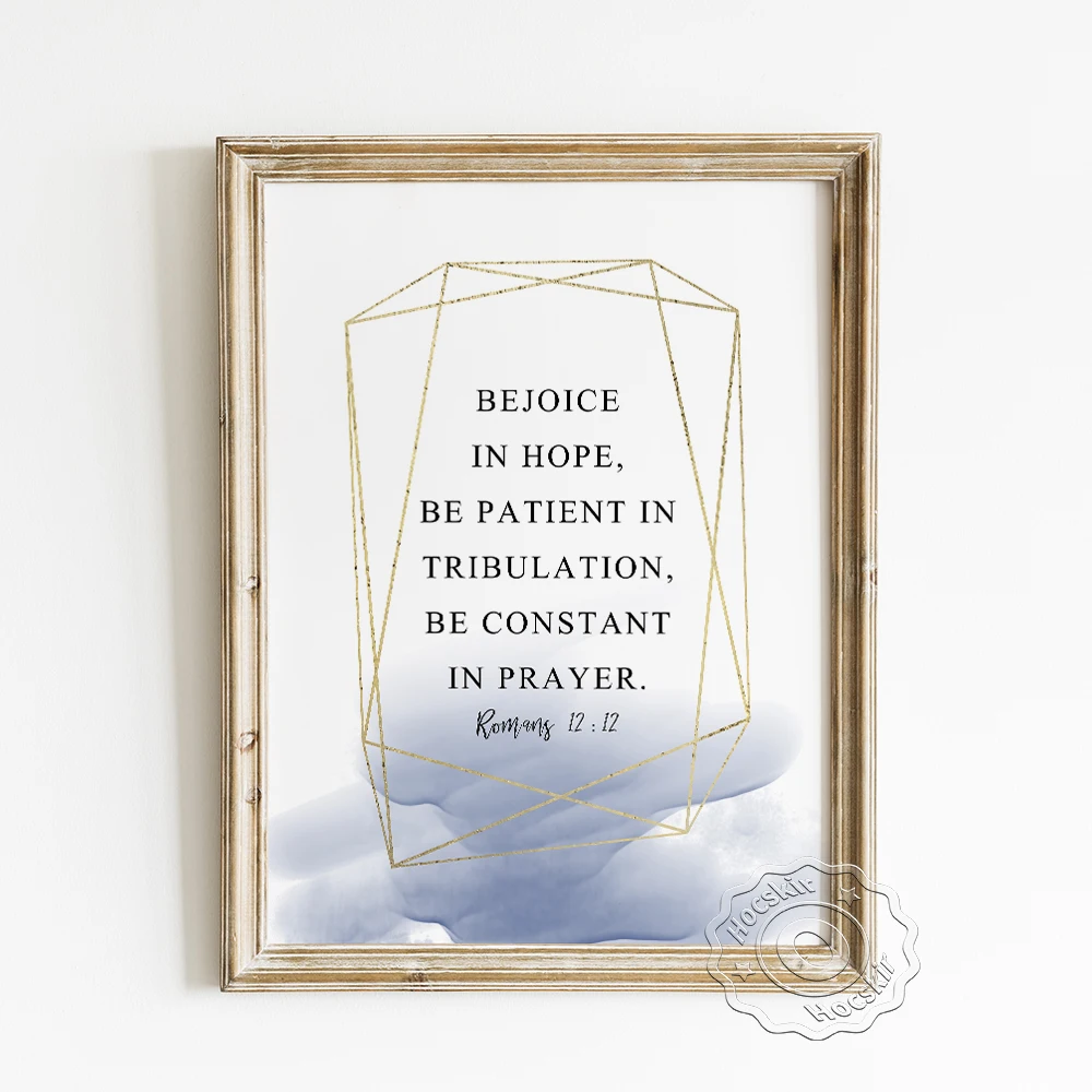 

Religious Scripture Romans Poster, Bible Verse Quote Wall Pictrue, Christian Positive Energy Art Prints, Blue Fumy Modern Decor