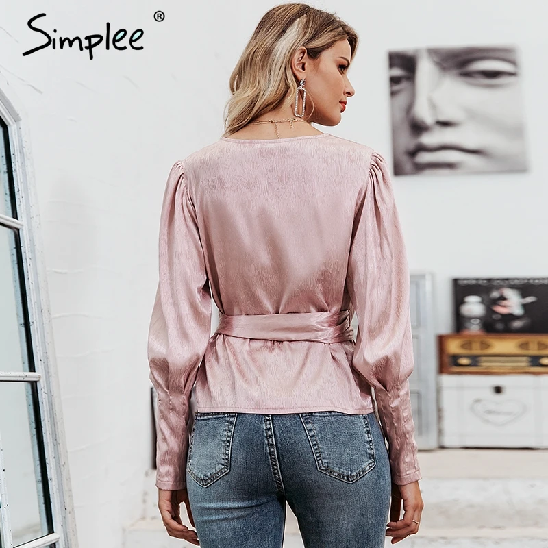 Simplee Sweet printed women blouse shirt Elegant v neck sash bow tie female tops Puff sleeve autumn winter ladies blouses 2019 | Женская