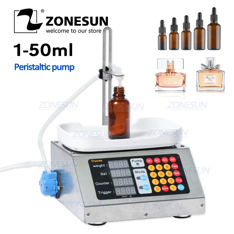 

ZONESUN 0-50ml Small Automatic CNC Liquid Filling Machine 220V Perfume Weighing Filling Machine Oral Liquid Solution Filler