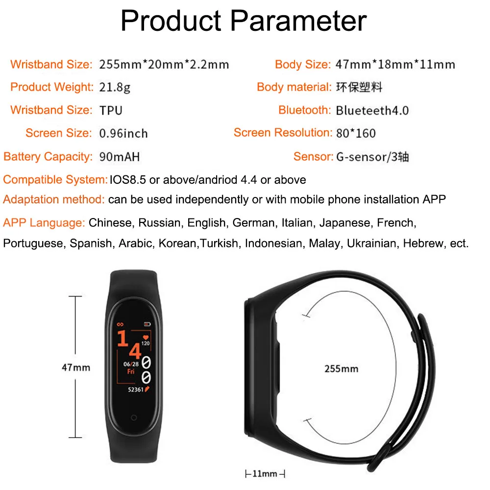 

Smart Wristbands Men and Women M4 Smart bracelet Heart Rate Blood Pressure Health Waterproof Smart Watch Bluetooth Watch Fitness