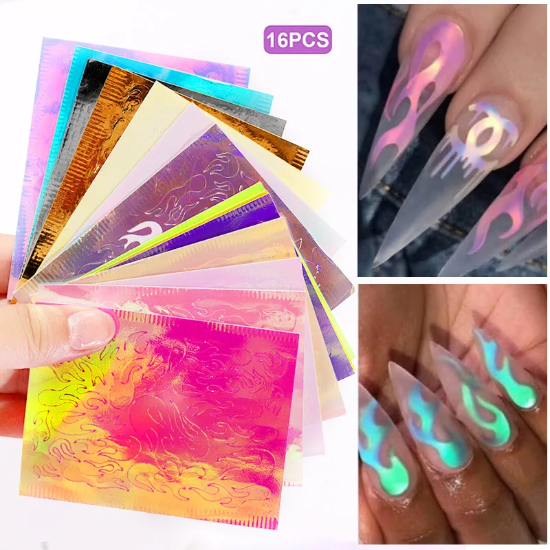 

16pcs 3D Glitter Nail Stickers Foil Transfer Decals Laser Holographic Flame Hollow Designs DIY Tips Nail Art Decorations Set