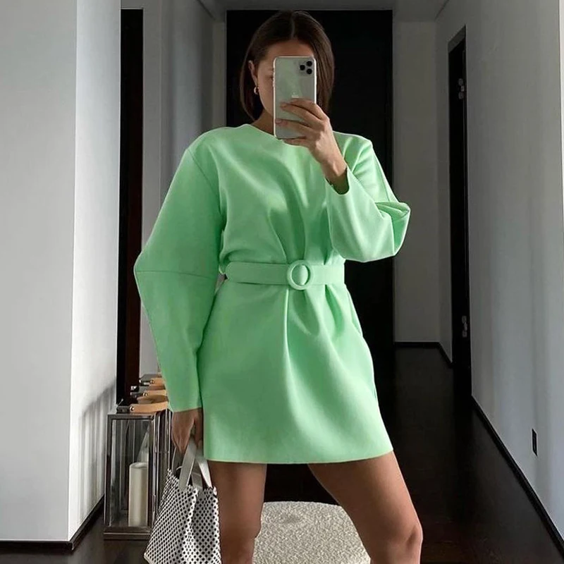 

Beyouare Casual Loose Sashes Slim Mini Dress Elegant Women O Neck Long Sleeve Solid Green Dresses 2021 Autumn Party Streetwear
