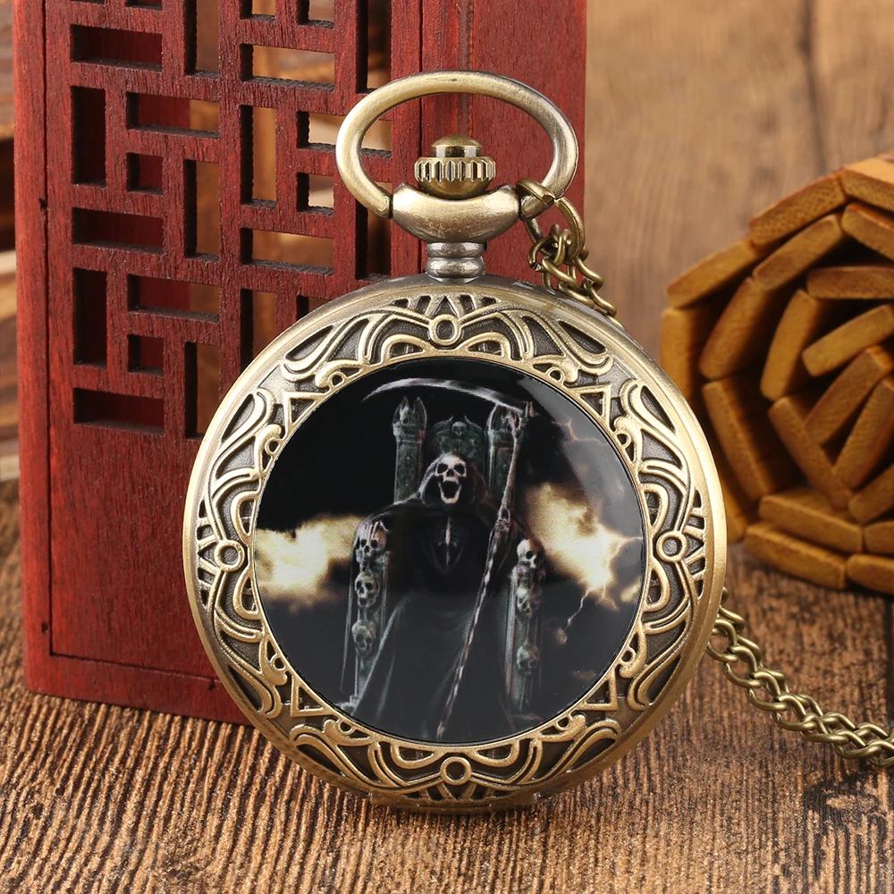 

Retro Style Grim Reaper Evil Skull Pocket Watch Quartz Creative Unisex Fob Watches Steampunk Vintage Bronze Gifts For Men Women