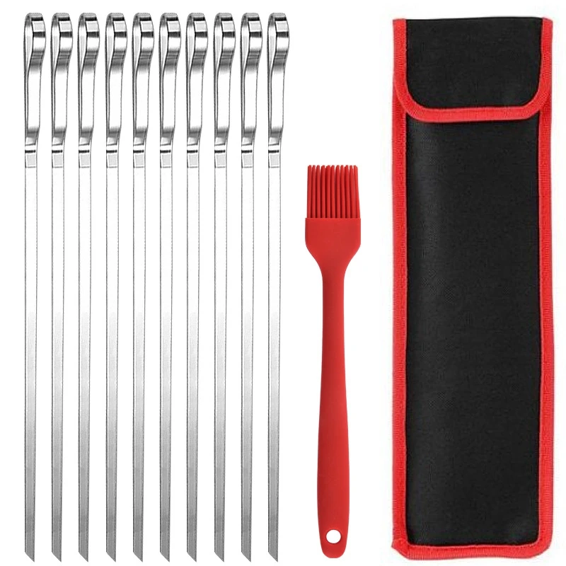 

10 шт., Шпажки для гриля с сумкой и Масловой щеткой, 43 см, плоские Шпажки для гриля из нержавеющей стали, для барбекю на открытом воздухе и в сад...