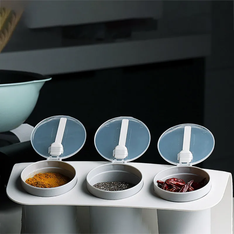 

3 Grid Creative Spice Jar Set With Spoons Salt and Pepper Spice Rack Seasoning Container Box Cooking Tools Kitchen Accessories