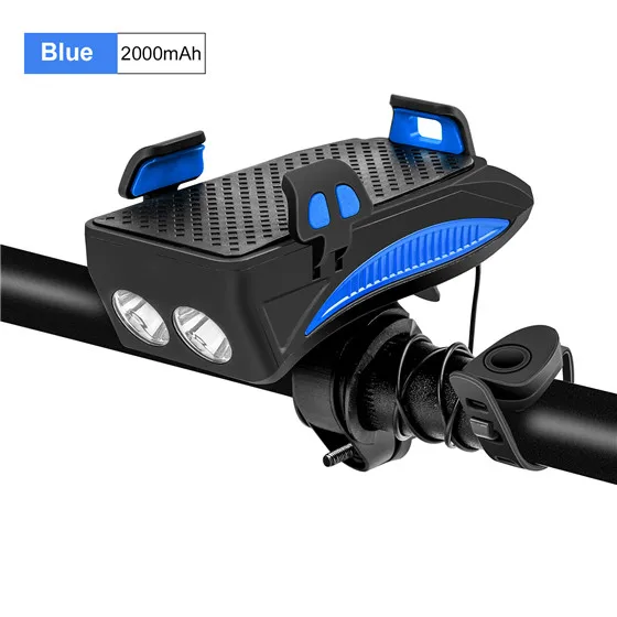 Blue 2000mA Велосипедный водонепроницаемый светильник, велосипедный держатель для телефона, светодиодный, 3 режима, зарядка через USB, поддержка мобильного зарядного устройства, электрический звонок для велоспорта MTB - Цвет: Blue 2000mA