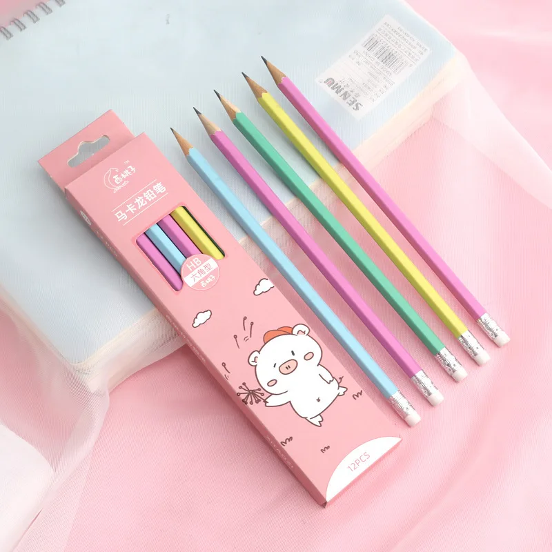 

12 Pcs A Lot Cartoon Hexagon Bar HB Pencil Set With Rubber Primary School Students' Writing And Painting Pencil School Supplies