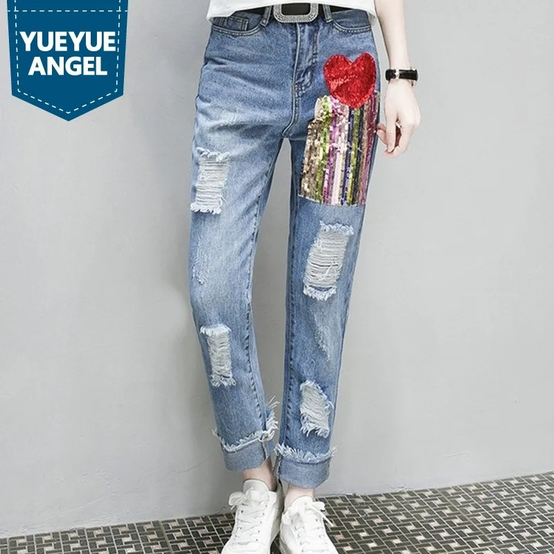 

Size Plus 5XL Womens Jeans Hot Fashion Sequin Straight Beading Female Full Length Distressed Hip Hop Harem Denim Trousers