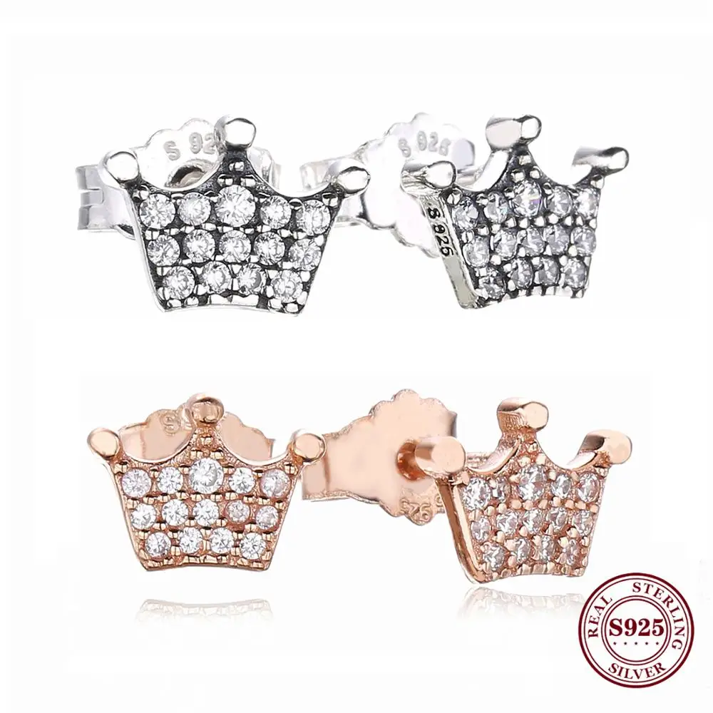 

Free Shipping Real 925 Sterling Silver Earring New Shiny Rose Gold Silver Crown Earrings For Women Wedding Gift Fashion Jewelry